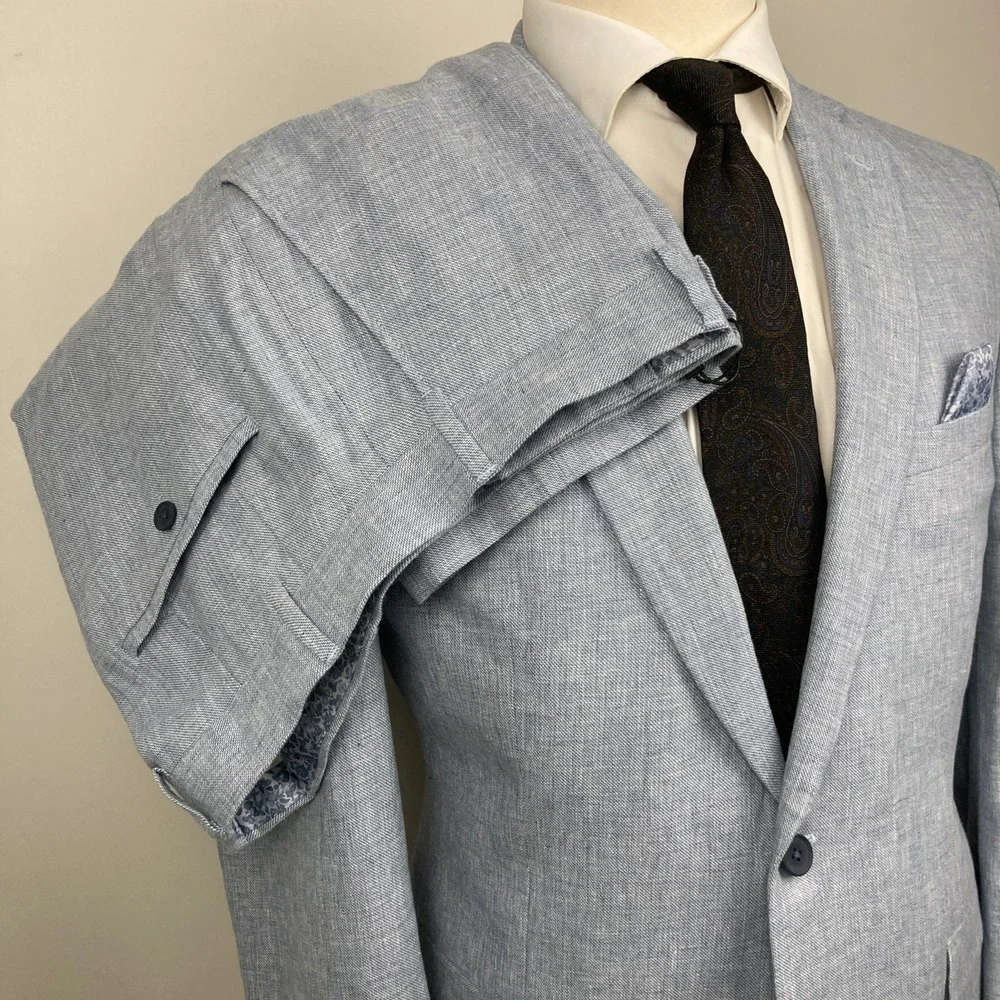 Bar III Men's Slim Fit 2 Piece Suit Jacket 44R Pant 36W 30L Blue Linen Cotton